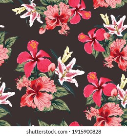 Seamless pattern tropical summer with red Hibiscus and Lily flowers abstract background.Vector illustration hand drawing dry watercolor style.For fabric design.