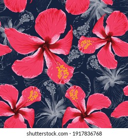 Seamless pattern tropical summer with red Hibiscus flowers abstract background.Vector illustration hand drawing dry watercolor style.For fabric design.