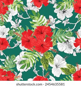 Seamless pattern tropical summer with red Hibiscus flowers abstract background.Vector illustration hand drawing.