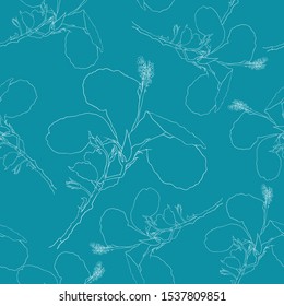 Seamless pattern tropical summer with white Hibiscus flowers on isolated green background.Vector illustration hand drawing line art.For fabric design.