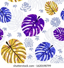 Seamless pattern with tropical textured leaves. Beautiful seamless print with hand drawn exotic plants. Nature jungle print in trend colors. Vector.