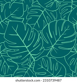 Seamless pattern - tropical thin line drawn leaves of monstera on forest green color background - vector cover layout illustration