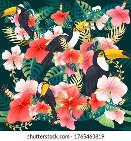 Seamless pattern with tropical toucan bird with green tropical leaves and pink red flowers. Cartoon animal design flat vector illustration on green background