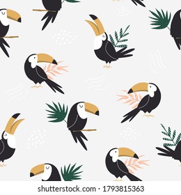 Seamless pattern with tropical toucan birds and palm leaves. Abstract design for textile, wrapping paper, decorations. Vector illustration