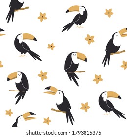 Seamless pattern with tropical toucan birds and palm leaves. Abstract design for textile, wrapping paper, decorations. Vector illustration