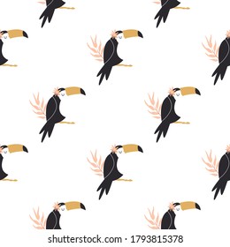 Seamless pattern with tropical toucan birds and palm leaves. Abstract design for textile, wrapping paper, decorations. Vector illustration