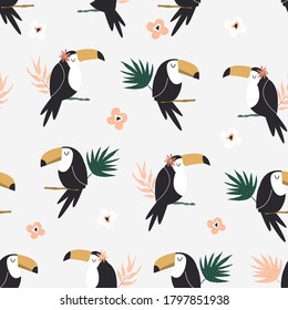 Seamless pattern with tropical toucan birds and palm leaves. Abstract design for textile, wrapping paper, decorations. Vector illustration