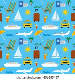 seamless pattern of tropical travel, sea and ocean resort, cruise and journey