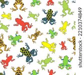 Seamless pattern with tropical tree frogs. Colored vector background on white.