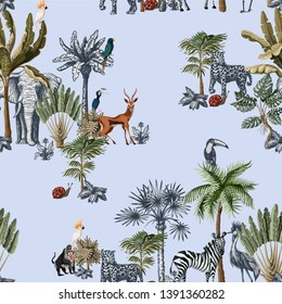 Seamless pattern with tropical trees and animals in graphic style. Vector