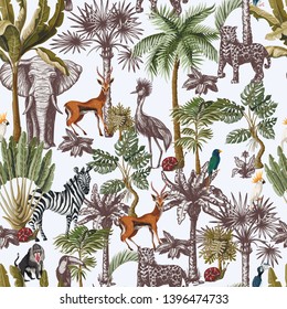 Seamless pattern with tropical trees and animals in graphic style. Vector