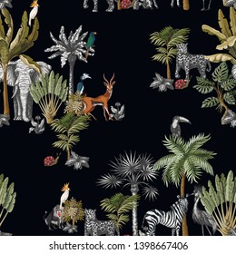 Seamless pattern with tropical trees and animals in graphic style. Vector.