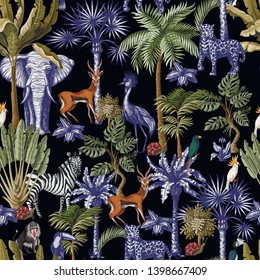Seamless pattern with tropical trees and animals in graphic style. Vector.