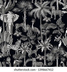 Seamless pattern with tropical trees and animals in graphic style. Vector.
