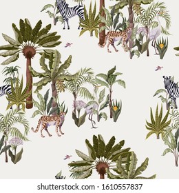 Seamless pattern with tropical trees and animals. Vector.