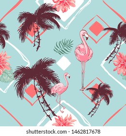 Seamless pattern with tropical trees. flamingo, rhombus, geometric shapes, tropical flowers, palm on blue illustration. Jungle foliage on the background of stripes. Fabric,Wallpaper. hand drawing