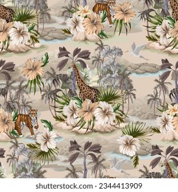 Seamless pattern with tropical trees, flowera and animals. Vector