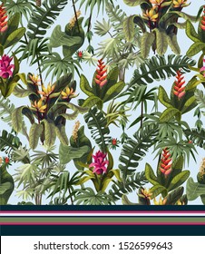 Seamless pattern with tropical trees and flowers. Vector.