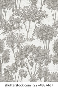 Seamless pattern with tropical trees. Monochrome botanical illustration. Vector foliage design in linear stile.