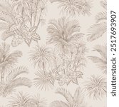 Seamless pattern with tropical trees on beige background. Hand drawn botanical illustration.