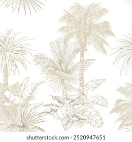 Padrão contínuo com árvores tropicais sobre fundo branco. Ilustração botânica linear desenhada à mão.