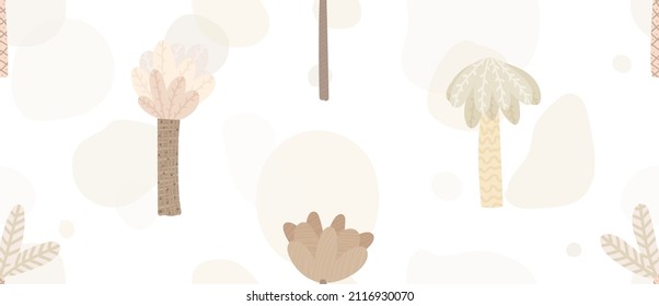 seamless pattern with tropical trees, palms, nude colors, scandinavian style, childish design