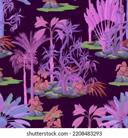 Patrón sin foco con árboles y plantas tropicales. Vector