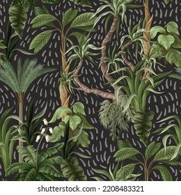 Seamless pattern with tropical trees and plants. Vector