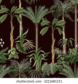 Seamless pattern with tropical trees and plants. Vector