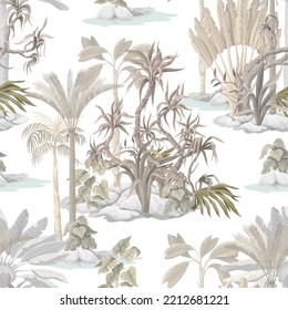 Seamless pattern with tropical trees and plants. Vector