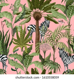 Seamless pattern with tropical trees and zebra. Vector.