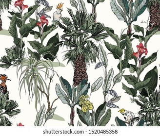 Seamless Pattern Tropical Vintage Hoopoe, Cockatoo Birds, Palm Trees, Dragon Ttree, Hibiscus Flower, Floral Fabric Design on White Background. Exotic Jungle Wallpaper.