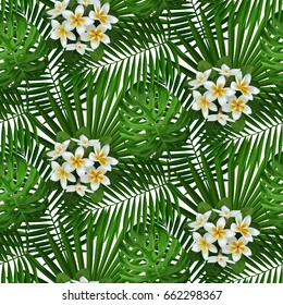 Seamless pattern of tropical white flowers and green leaves isolated on white. Floral tropical wallpaper, textile print, exotic background.