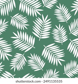 Nahtloses Muster tropische weiße Palmenblätter auf grünem Hintergrund - Vektorgrafik flache Illustration für Textil, Bildschirmhintergrund, Webdesign, Verpackung.