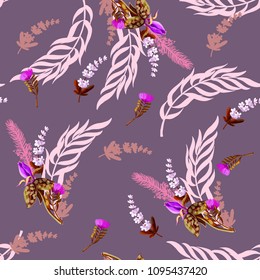 Seamless pattern with tropical and wild flowers. Vector illustration.