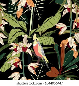 Seamless pattern with tropical yellow parrots. Colorful exotic yellow Bird, leaves, orchids flowers, plants and branches art print for textile, fabric, covers. Black background.
