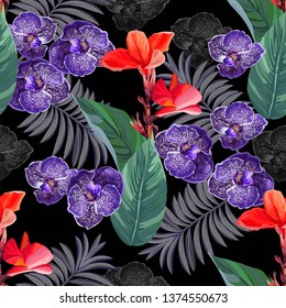 Seamless pattern with tropicall flower with vanda orchid and canna lliy-vector illustration