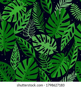 Patrón sin foco con hojas tropicales. Fondo para impresiones, tela, papeles pintados, papel de envoltura.