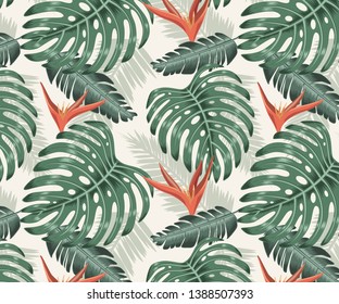 Seamless pattern with tropicl leafs, palms and flower of paradise in a soft and warm cream background.