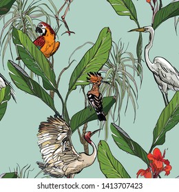 Seamless Pattern Tropics Design Tropical Palm Leaves and Dragon Tree with Exotic Birds Wildlife Hoopoe, Parrots, Cranes with Hibiscus Flower in Blue Background Fine Line Drawing