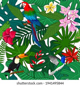 hojas tropicales de patrón ininterrumpido, aves y flores