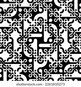Seamless pattern of Truchet tiling. Repeating geometric black and white shapes. Creative coding computational design.