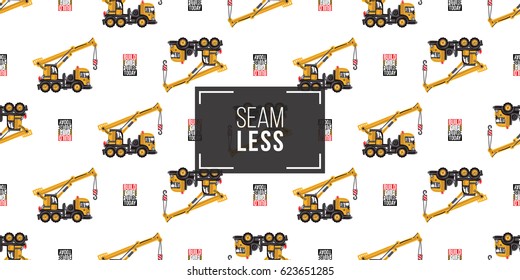 Seamless pattern with truck crane and build your future today inscription. Inspired by variety of road, building machinery.