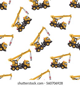 Seamless pattern with truck crane. Inspired by road, building machinery. Vector background for decoration for children's room, invitations, website, mobile app.