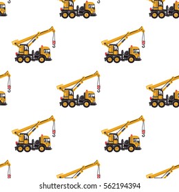 Seamless pattern with truck crane. Inspired by road, building machinery. Vector background for decoration children's room, invitations, website, mobile app.