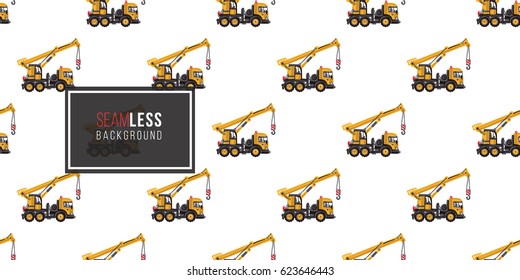 Seamless pattern with truck crane. Inspired by variety of road, building machinery. Vector background for decoration for children's room, invitations, website, mobile app.