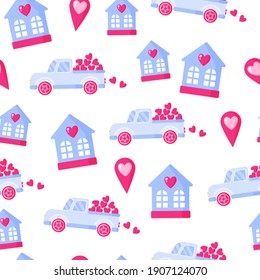 Seamless pattern of truck with heart, geotag and house for the wedding or Valentine's Day. Cartoon vector isolated design for wallpaper, wrapping paper, textile, etc.