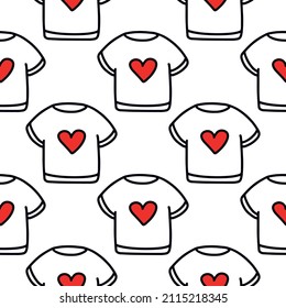 Seamless pattern of a T-shirt with a heart.Pattern for Valentines Day