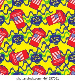 Seamless pattern with t-shirt and nathional flag of United States of America.
Ipanema style pattern. Brazil 2016, Ipanema pattern and United States of America t-shirt design.