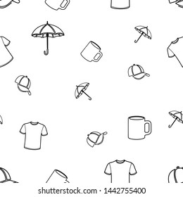 Seamless pattern of t-shirt, umbrella, cup and cap on a white background